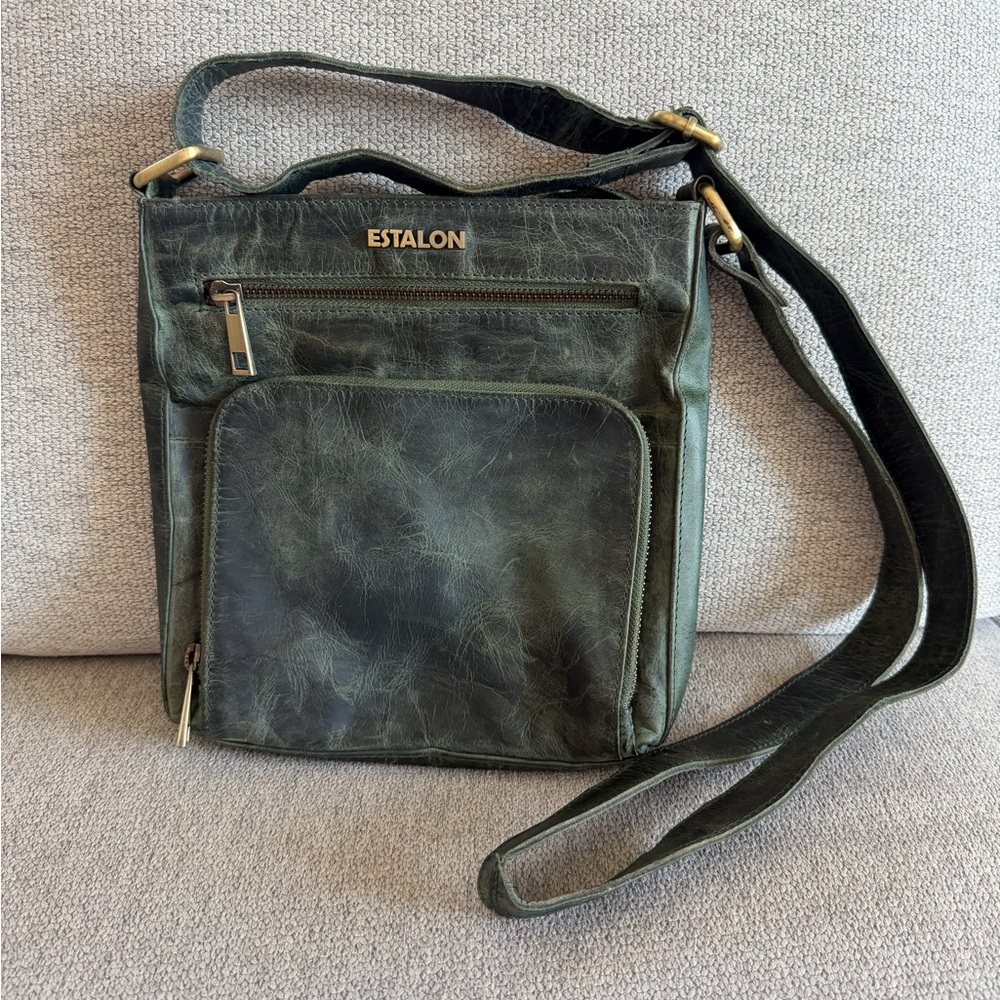 Estalon 100% Leather Deep Green Crossbody Shoulder Bag Purse Adjustable Strap